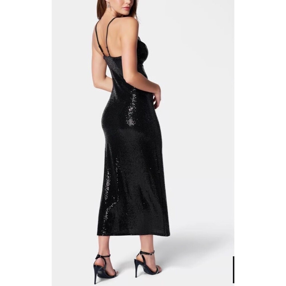 Bebe Black Sequin Spaghetti Strap Midi Dress Size L Cowl Neck Party Cocktail